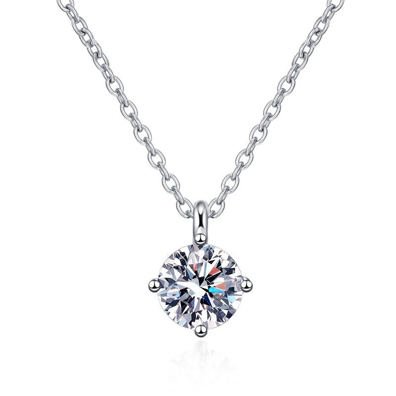 Four-prong moissanite necklace on model
