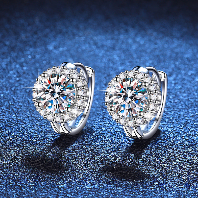 Sunburst halo moissanite earrings in sterling silver