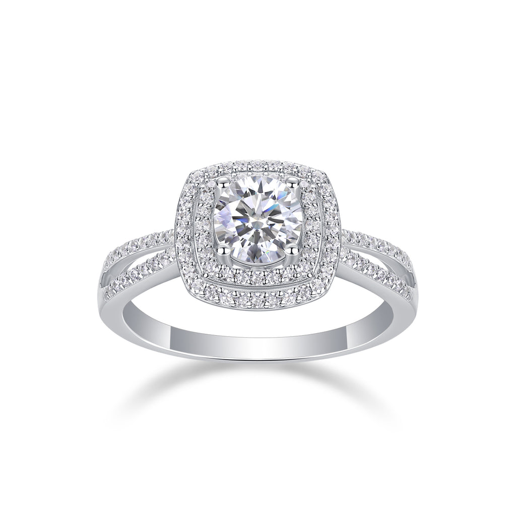 Sugar cube square halo moissanite ring on white background