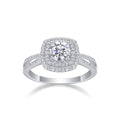 Sugar cube square halo moissanite ring on white background