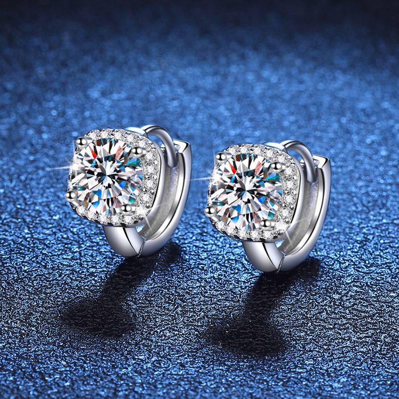 Square halo huggie earrings silver pair angle