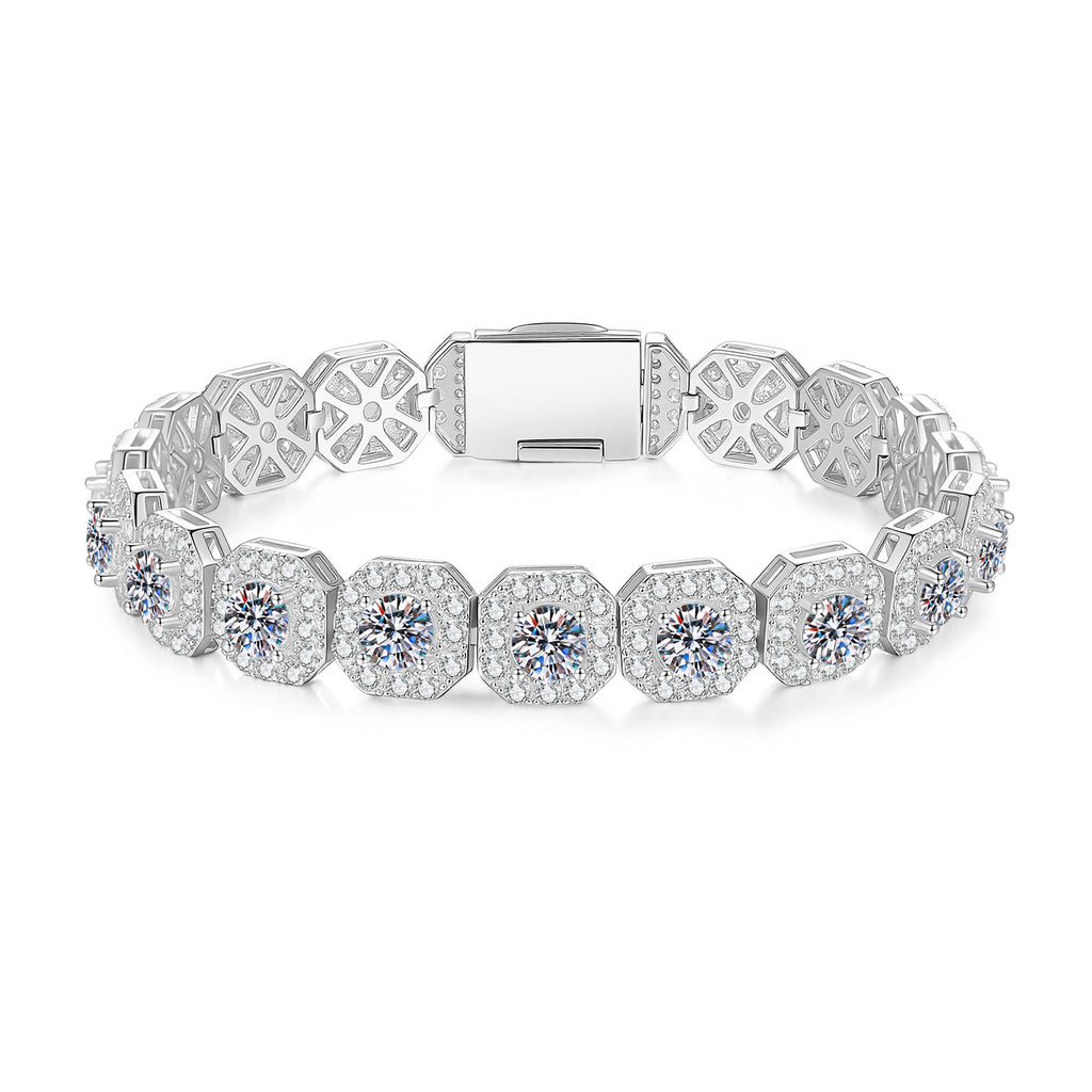 Moissanite octagon link bracelet with pavé box clasp