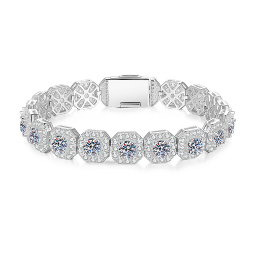 Moissanite octagon link bracelet with pavé box clasp