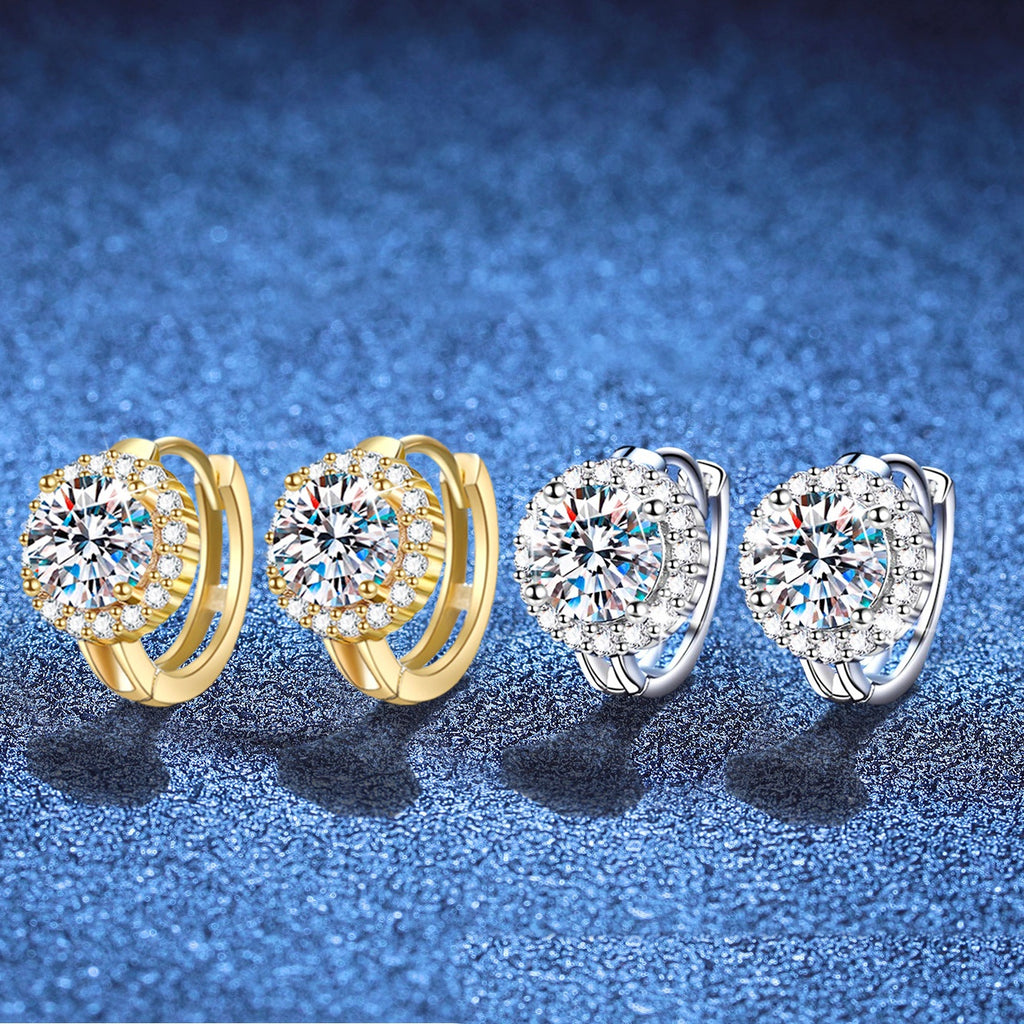 Sunburst halo moissanite earrings in sterling silver