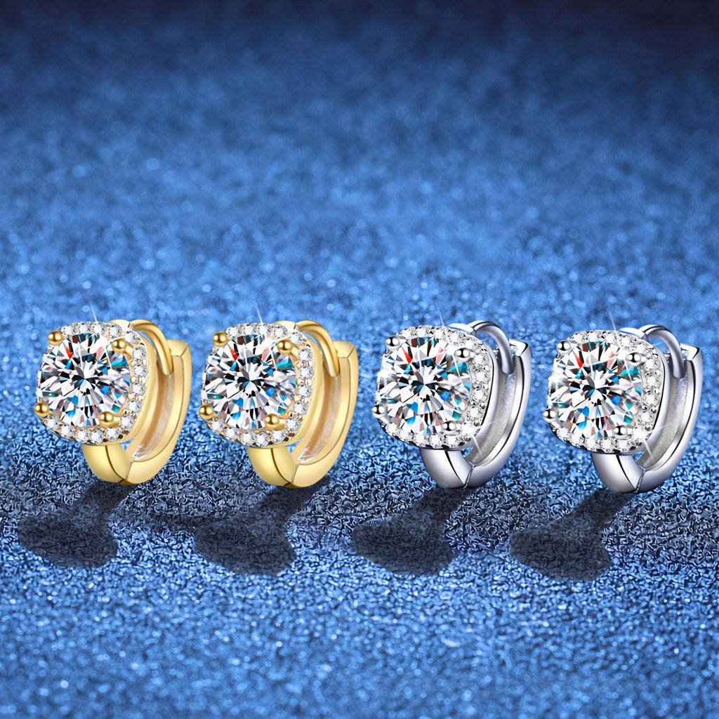 Square halo moissanite huggie earrings silver and gold