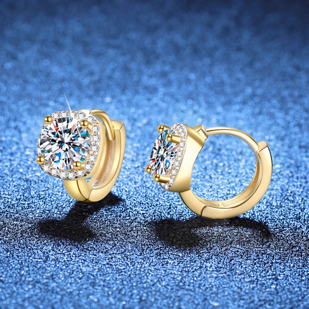 Square halo moissanite huggie earrings 18K gold tone