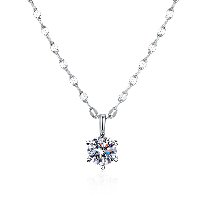 Close-up of the six-prong moissanite solitaire pendant setting