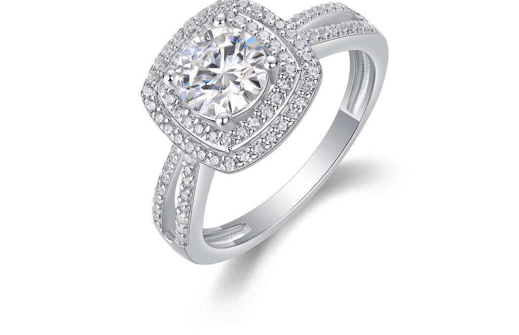 Sugar cube square halo moissanite ring studio angle