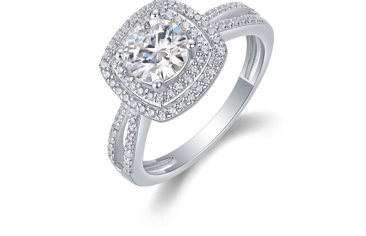 Sugar cube square halo moissanite ring studio angle
