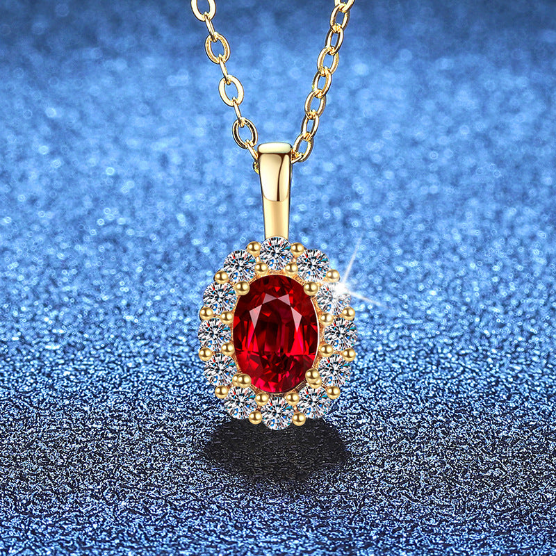 Lab ruby oval halo pendant necklace