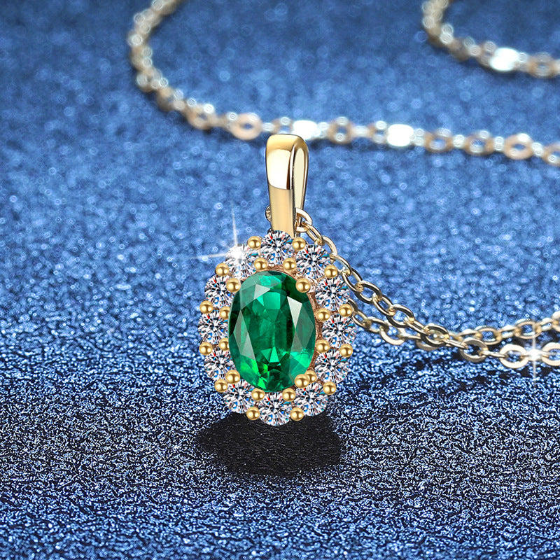 Lab emerald oval halo pendant necklace
