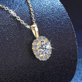 Moissanite oval halo pendant necklace on display