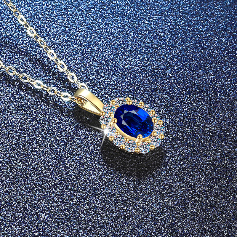 Lab sapphire oval halo pendant necklace
